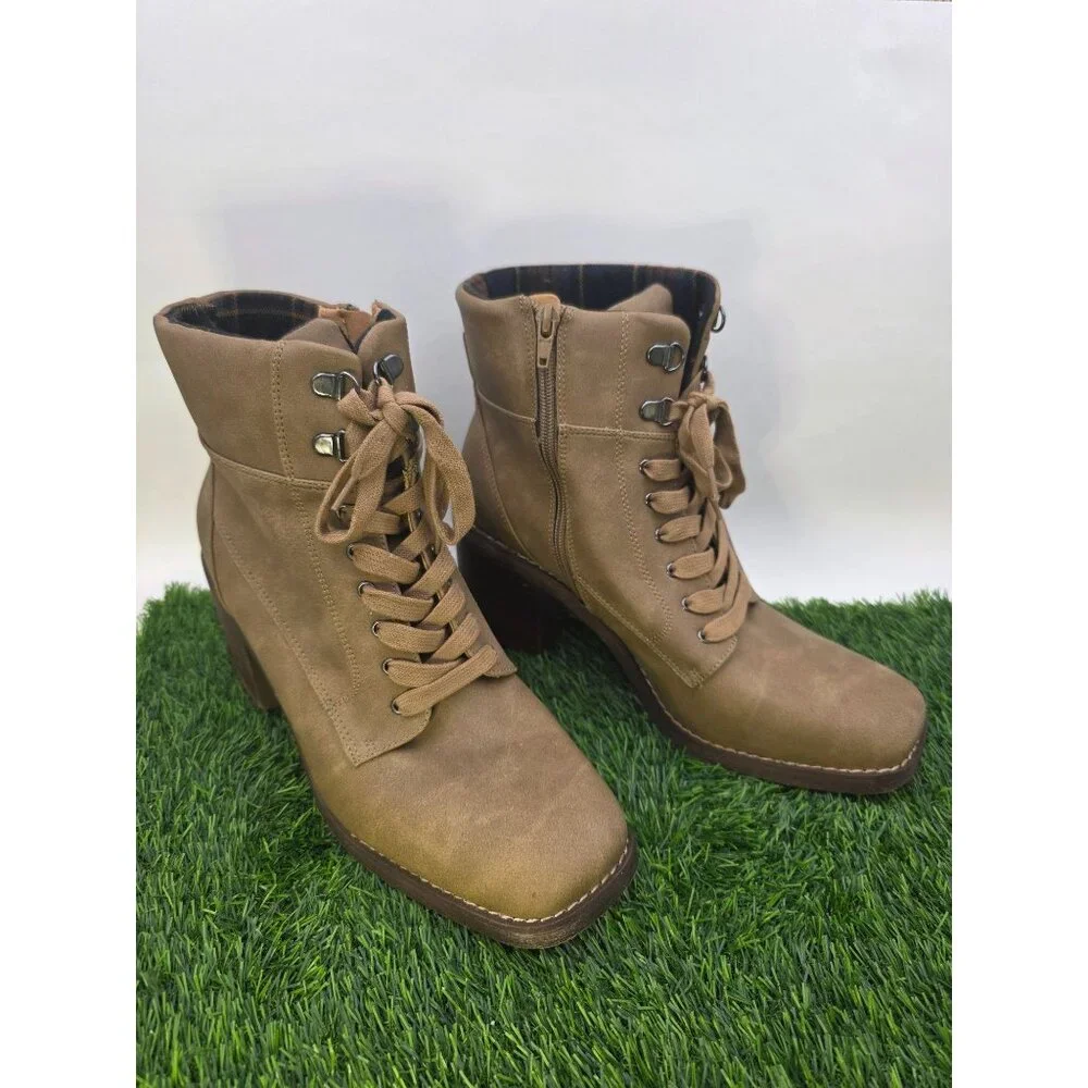 Crown Vintage Womens Tan Lace-Up Ankle Booties W Block Heel Size‎ 11M Synthetic